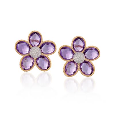 17.20 ct. t.w. Amethyst and .25 ct. t.w. Diamond Flower Earrings In 14kt Yellow Gold &mdash; Alt Image 1