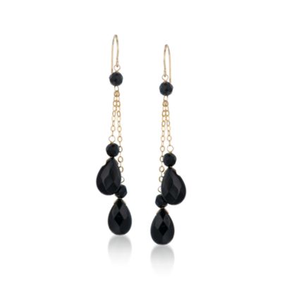 Black Onyx Chain Drop Earrings In 14kt Yellow Gold. Earwire Earrings &mdash; Alt Image 1