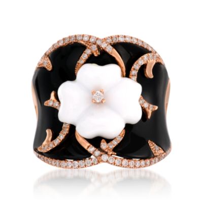 Black Onyx, White Agate and Diamond Floral Ring In 18kt Rose Gold &mdash; Alt Image 1