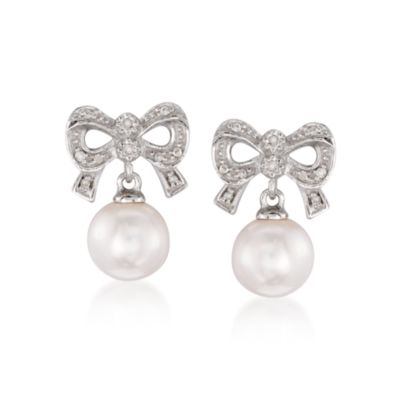8mm Cultured Pearl and Diamond Bow Earrings in Sterling Silver &mdash; Alt Image 1