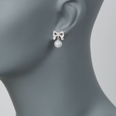 8mm Cultured Pearl and Diamond Bow Earrings in Sterling Silver &mdash; Alt Image 2