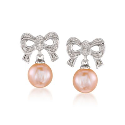 8mm Pink Cultured Pearl With Diamond Earrings in Sterling Silver &mdash; Alt Image 1