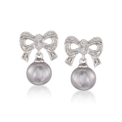 8mm Gray Cultured Pearl With Diamond Earrings in Sterling Silver &mdash; Alt Image 1