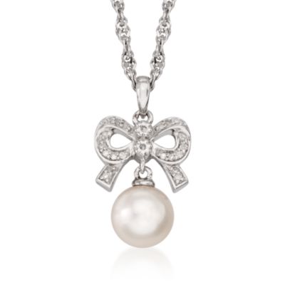 9mm Pearl and Diamond Bow Necklace in Sterling Silver. 18" &mdash; Alt Image 1