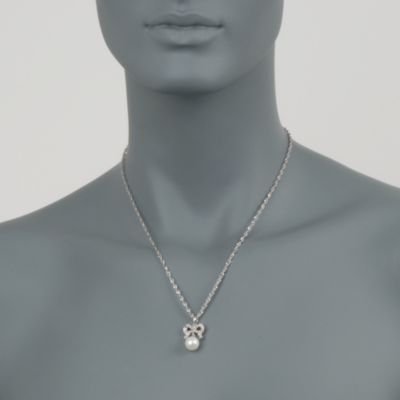 9mm Pearl and Diamond Bow Necklace in Sterling Silver. 18" &mdash; Alt Image 2