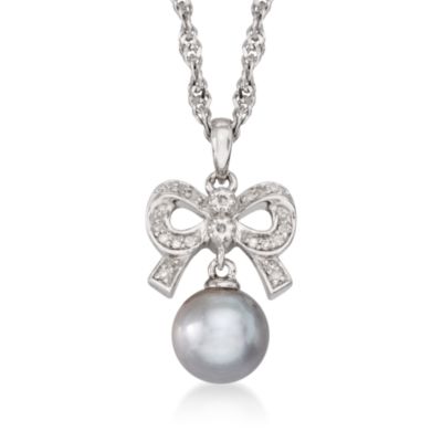 9mm Gray Cultured Pearl With Diamond Necklace in Sterling Silver. 18" &mdash; Alt Image 1