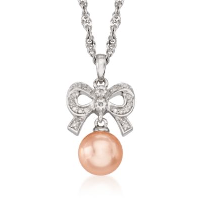 9mm Pink Cultured Pearl With Diamond Necklace in Sterling Silver. 18" &mdash; Alt Image 1
