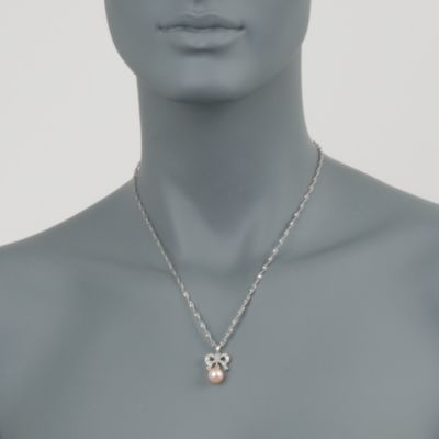 9mm Pink Cultured Pearl With Diamond Necklace in Sterling Silver. 18" &mdash; Alt Image 2