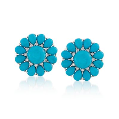 Cabochon Turquoise and .80 ct. t.w. Diamond Flower Earrings in 18kt White Gold. Clip/Post Earrings &mdash; Alt Image 1