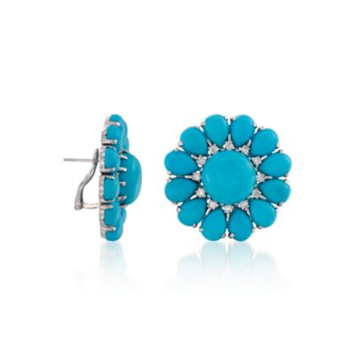 Cabochon Turquoise and .80 ct. t.w. Diamond Flower Earrings in 18kt White Gold. Clip/Post Earrings &mdash; Alt Image 3