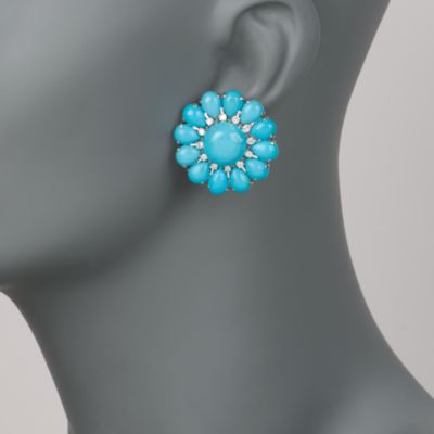 Cabochon Turquoise and .80 ct. t.w. Diamond Flower Earrings in 18kt White Gold. Clip/Post Earrings &mdash; Alt Image 2
