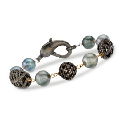 9-10mm Gray Tahitian Pearl and Diamond Bead Bracelet in Two-Tone. 7.5" &mdash; Alt Image 1