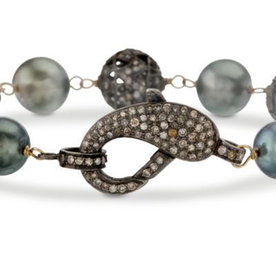 9-10mm Gray Tahitian Pearl and Diamond Bead Bracelet in Two-Tone. 7.5" &mdash; Alt Image 3