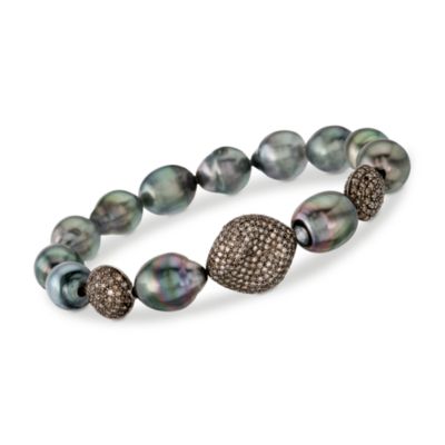 8-11mm Black Tahitian Cultured Pearl and 3.75 ct. t.w. Pave Diamond Bracelet In Sterling Silver With Black Rhodium. Adjustable Size &mdash; Alt Image 1