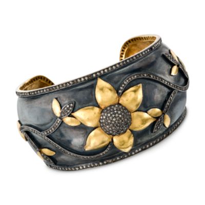 9.60 ct. t.w. Diamond Floral Cuff Bracelet in 18kt Yellow Gold and Sterling Silver With Black Rhodium. 7" &mdash; Alt Image 1