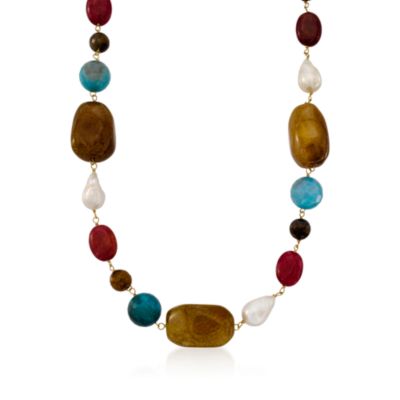 Long Mixed Gem and 12-13mm Cultured Baroque Pearl Necklace In 14kt Yellow Gold &mdash; Alt Image 1