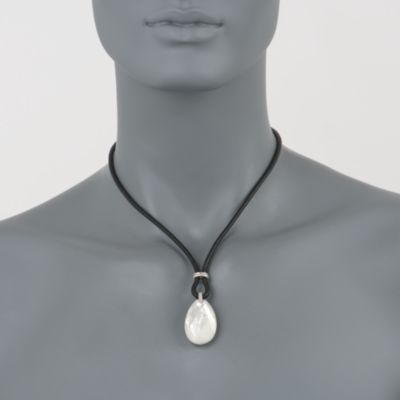 Mother-Of-Pearl and Blue Agate Necklace With Diamonds and Black Cord In Sterling Silver &mdash; Alt Image 2