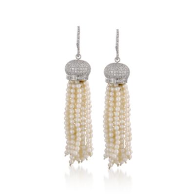 14.00 ct. t.w. CZ and Faux Pearl Tassel Earrings in Sterling Silver &mdash; Alt Image 1