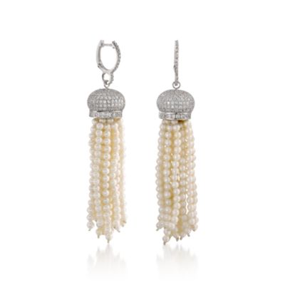 14.00 ct. t.w. CZ and Faux Pearl Tassel Earrings in Sterling Silver &mdash; Alt Image 3