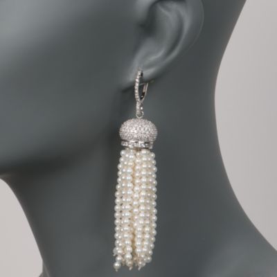 14.00 ct. t.w. CZ and Faux Pearl Tassel Earrings in Sterling Silver &mdash; Alt Image 2