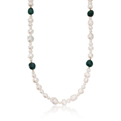 Long 5-16mm Cultured Pearl and Emerald Necklace With 14kt Yellow Gold Spacers and Clasp. 36" &mdash; Alt Image 1