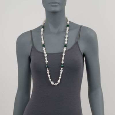 Long 5-16mm Cultured Pearl and Emerald Necklace With 14kt Yellow Gold Spacers and Clasp. 36" &mdash; Alt Image 2