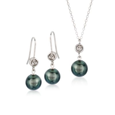 Set of 9-10mm Black Tahitian Pearl Earrings and Pendant Necklace With Diamonds In Sterling Silver. 18" &mdash; Alt Image 1