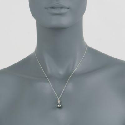 Set of 9-10mm Black Tahitian Pearl Earrings and Pendant Necklace With Diamonds In Sterling Silver. 18" &mdash; Alt Image 2