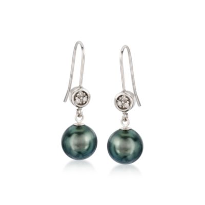 Set of 9-10mm Black Tahitian Pearl Earrings and Pendant Necklace With Diamonds In Sterling Silver. 18" &mdash; Alt Image 4