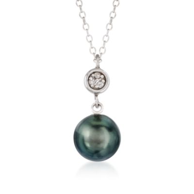 Set of 9-10mm Black Tahitian Pearl Earrings and Pendant Necklace With Diamonds In Sterling Silver. 18" &mdash; Alt Image 5