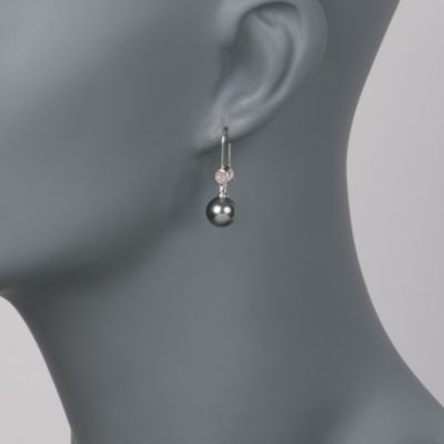 Set of 9-10mm Black Tahitian Pearl Earrings and Pendant Necklace With Diamonds In Sterling Silver. 18" &mdash; Alt Image 3