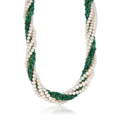 Pearl and Emerald Torsade Necklace in 14kt Yellow Gold. 16" &mdash; Alt Image 1