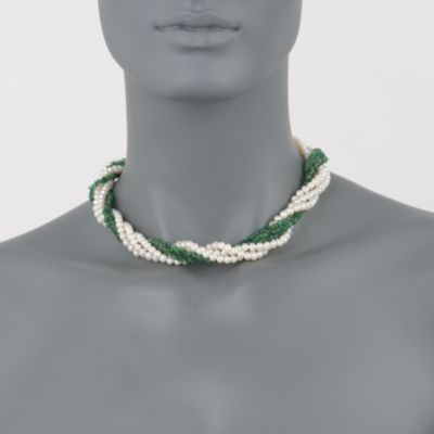 Pearl and Emerald Torsade Necklace in 14kt Yellow Gold. 16" &mdash; Alt Image 2