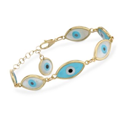 Mother-Of-Pearl and Turquoise Evil Eye Bracelet With Black Onyx In 14kt Yellow Gold. 7" &mdash; Alt Image 1