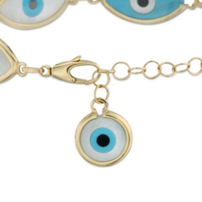 Mother-Of-Pearl and Turquoise Evil Eye Bracelet With Black Onyx In 14kt Yellow Gold. 7" &mdash; Alt Image 2