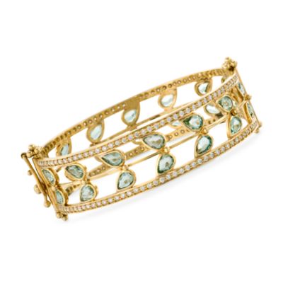 C. 1990 Vintage Temple St. Clair 12.50 ct. t.w. Green Sapphire and 2.75 ct. t.w. Diamond Bangle Bracelet in 18kt Yellow Gold. 6.5" &mdash; Alt Image 1