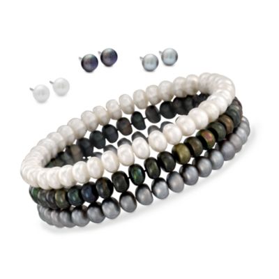 Set of Three 6-7mm Cultured Pearl Bracelets With Matching Pearl Studs With Sterling Silver &mdash; Alt Image 1