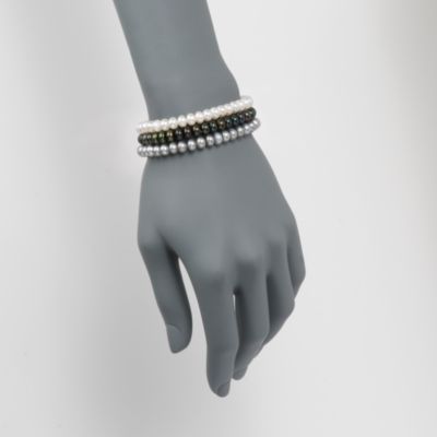 Set of Three 6-7mm Cultured Pearl Bracelets With Matching Pearl Studs With Sterling Silver &mdash; Alt Image 2