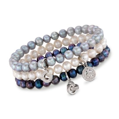 Set of Three 6-6.25mm Multicolored Cultured Pearl Bracelets With Sterling Silver and Diamond Charms  &mdash; Alt Image 1