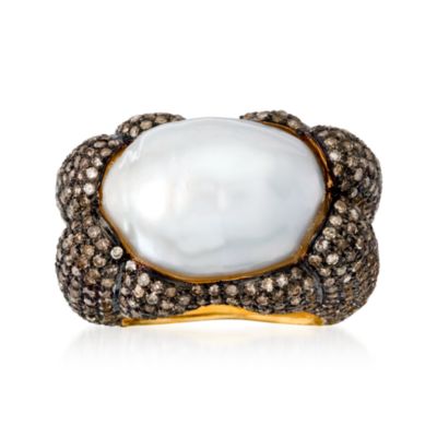 18mm Baroque South Sea Cultured Pearl and 4.20 ct. t.w. Pave Diamond Ring In 18kt Yellow Gold With Black Rhodium. Size 6 &mdash; Alt Image 1