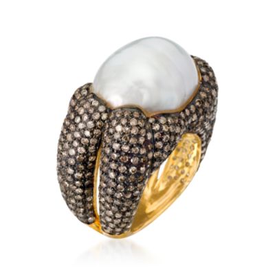 18mm Baroque South Sea Cultured Pearl and 4.20 ct. t.w. Pave Diamond Ring In 18kt Yellow Gold With Black Rhodium. Size 6 &mdash; Alt Image 2