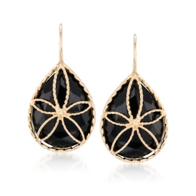 Black Onyx Floral Earrings In 14kt Yellow Gold &mdash; Alt Image 1
