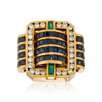 C. 1980 Vintage 6.00 ct. t.w. Sapphire and .80 ct. t.w. Diamond Ring With .25 ct. t.w. Emeralds In 18kt Yellow Gold. Size 5.5 &mdash; Alt Image 1