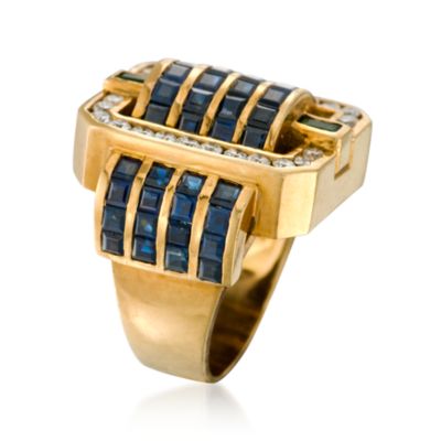 C. 1980 Vintage 6.00 ct. t.w. Sapphire and .80 ct. t.w. Diamond Ring With .25 ct. t.w. Emeralds In 18kt Yellow Gold. Size 5.5 &mdash; Alt Image 2