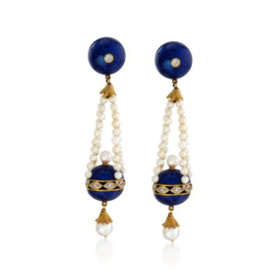 C. 1950 Vintage 2.5-6mm Cultured Pearl and .30 ct. t.w. Diamond Earrings With Blue Enamel In 18kt Yellow Gold &mdash; Alt Image 1