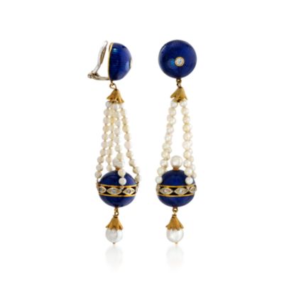 C. 1950 Vintage 2.5-6mm Cultured Pearl and .30 ct. t.w. Diamond Earrings With Blue Enamel In 18kt Yellow Gold &mdash; Alt Image 2