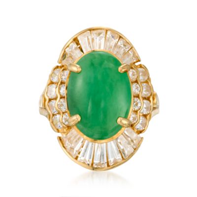 C. 1980 Vintage Nephrite and 1.25 ct. t.w. CZ Ring in 18kt Yellow Gold. Size 5.5 &mdash; Alt Image 1