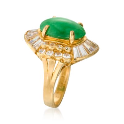 C. 1980 Vintage Nephrite and 1.25 ct. t.w. CZ Ring in 18kt Yellow Gold. Size 5.5 &mdash; Alt Image 2