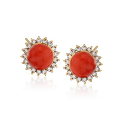 C. 1980 Vintage Red Coral and 1.00 ct. t.w. CZ Stud Earrings In 18kt Yellow Gold &mdash; Alt Image 1
