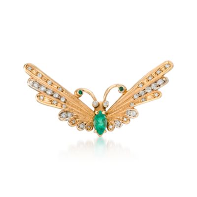 C. 1970 Vintage .96 ct. t.w. Emerald and .70 ct. t.w. Diamond Butterfly Pin In 14kt Yellow Gold &mdash; Alt Image 1